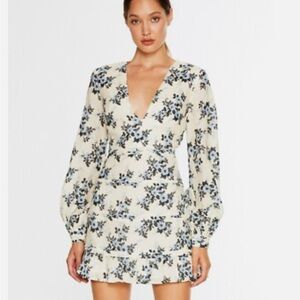 Talulah blue belle linen Floral V-Neck Long Sleeve Dress